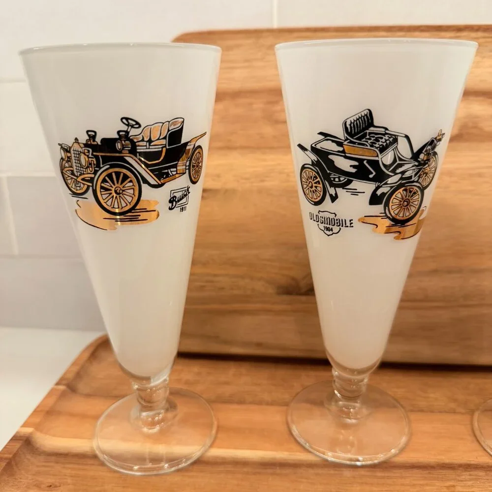 Set of 4 White Painted Pilsner‎ Car Glasses Buick Oldsmobile Cadillac Rambler
